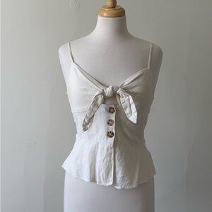 Rebellious One Tie-Front Peplum Cami Top | Linen Blend | Cream | Size M
